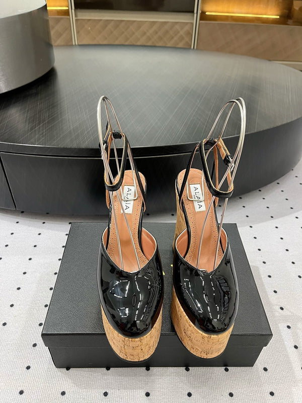 Alaila Wedge Sandals 115mm In Black Glossy Lambskin 954887