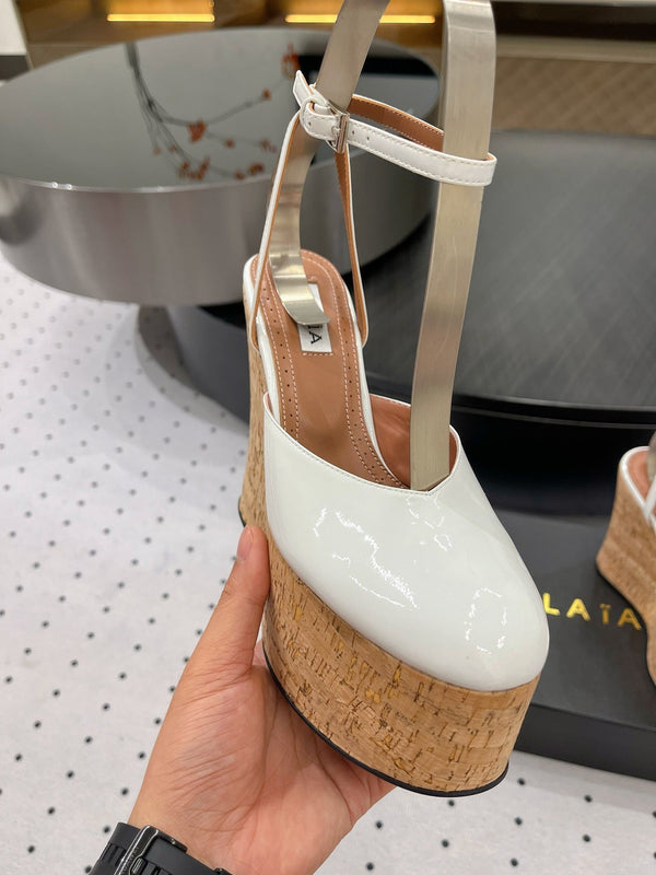 Alaila Wedge Sandals 115mm In White Glossy Lambskin 954889