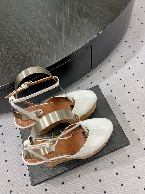Alaila Wedge Sandals 115mm In White Glossy Lambskin 954889