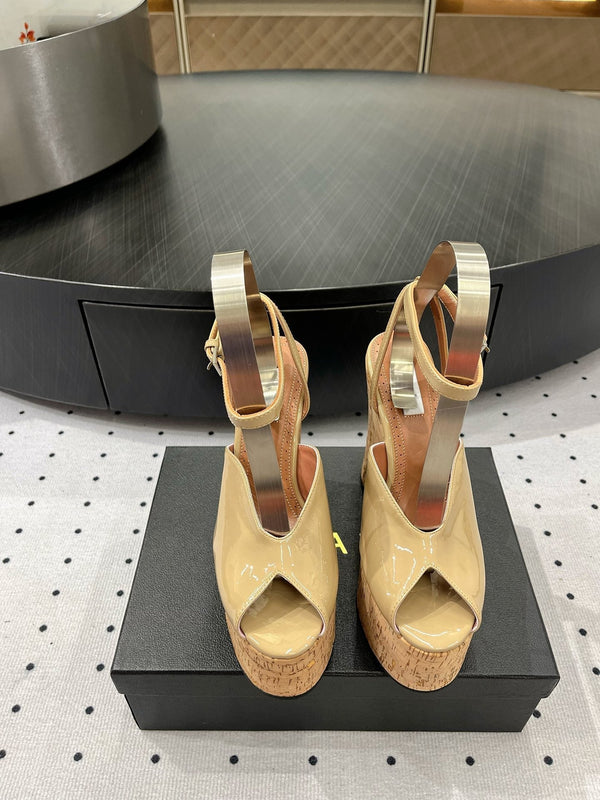 Alaila Wedge Sandals 135mm In Beige Glossy Lambskin 954895