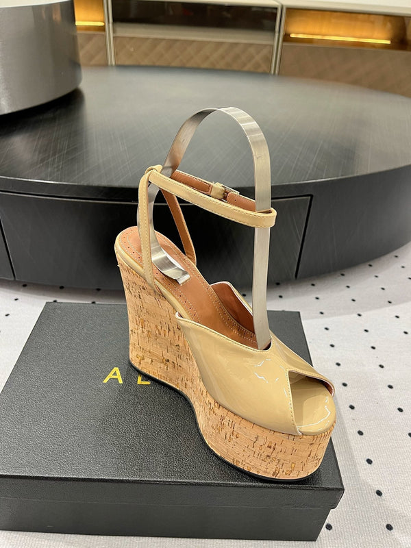 Alaila Wedge Sandals 135mm In Beige Glossy Lambskin 954895