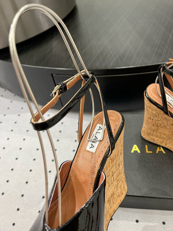 Alaila Wedge Sandals 135mm In Black Glossy Lambskin 954897