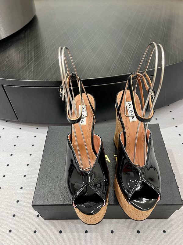 Alaila Wedge Sandals 135mm In Black Glossy Lambskin 954897