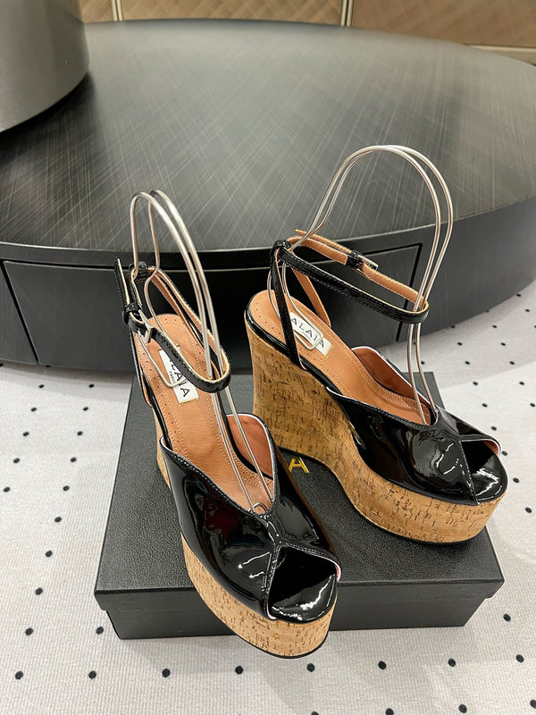 Alaila Wedge Sandals 135mm In Black Glossy Lambskin 954897