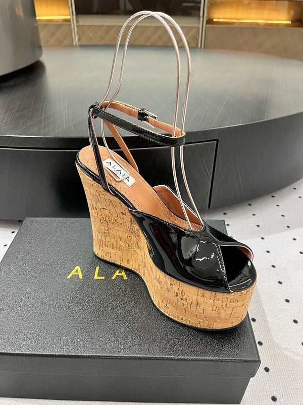 Alaila Wedge Sandals 135mm In Black Glossy Lambskin 954897