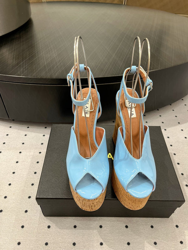 Alaila Wedge Sandals 135mm In Light Blue Glossy Lambskin 954899