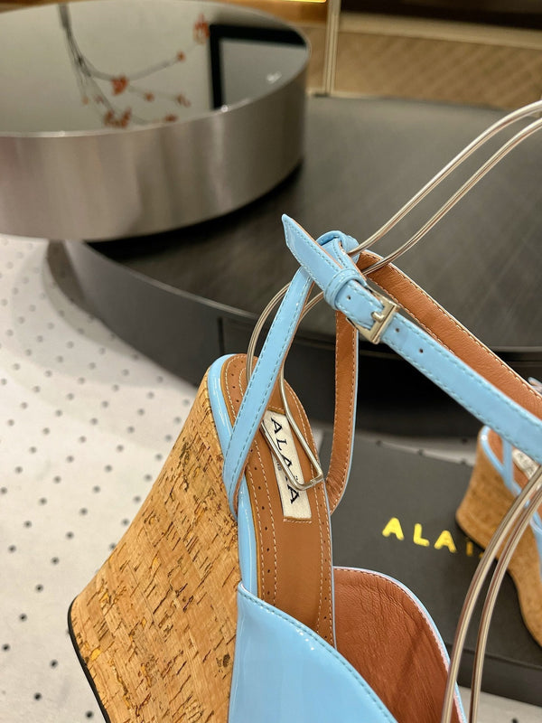Alaila Wedge Sandals 135mm In Light Blue Glossy Lambskin 954899