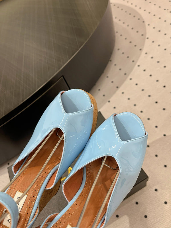 Alaila Wedge Sandals 135mm In Light Blue Glossy Lambskin 954899