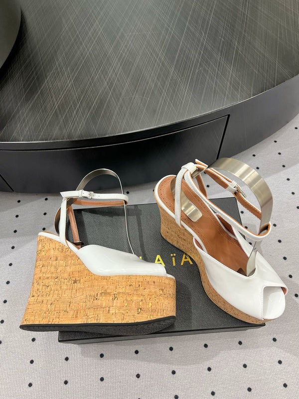 Alaila Wedge Sandals 135mm In White Glossy Lambskin 954903