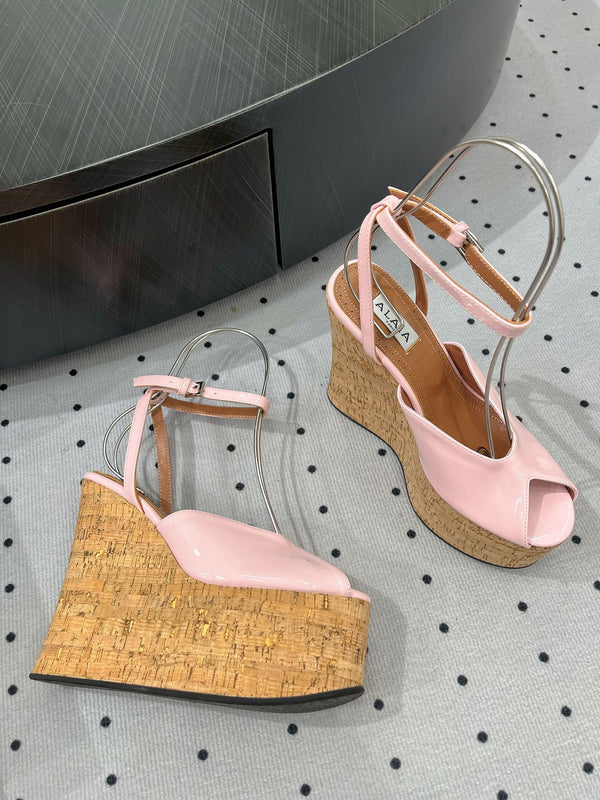 Sandali con zeppa Alaila 135 mm in pelle di agnello lucida rosa 954905