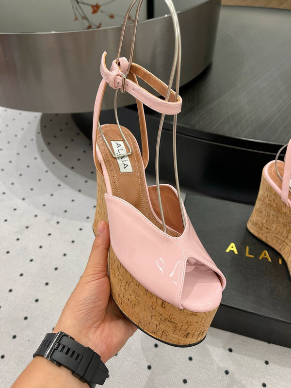 Sandali con zeppa Alaila 135 mm in pelle di agnello lucida rosa 954905