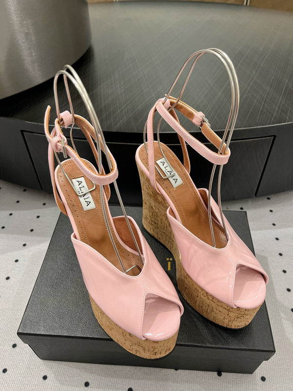 Sandali con zeppa Alaila 135 mm in pelle di agnello lucida rosa 954905