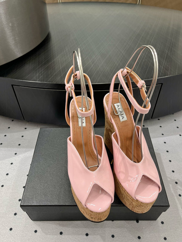 Sandali con zeppa Alaila 135 mm in pelle di agnello lucida rosa 954905