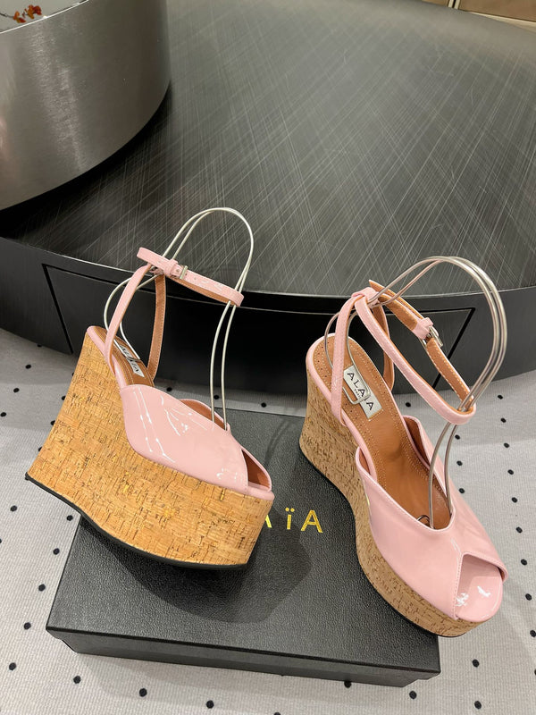 Sandali con zeppa Alaila 135 mm in pelle di agnello lucida rosa 954905