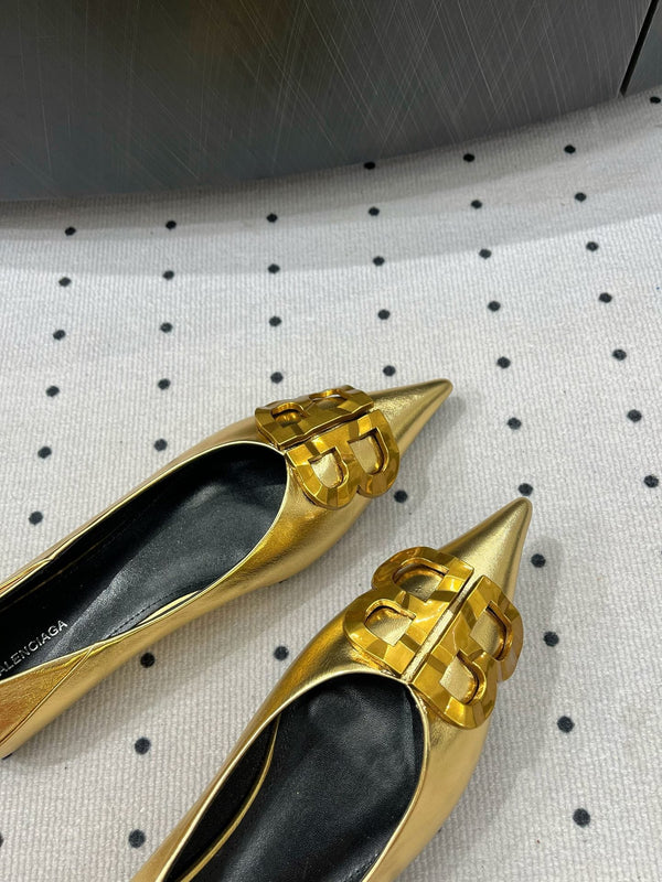 POINTED BB GOLD BUCKLE BALLET FLAT IN GOLD METALLIC SHINY CALFSKIN