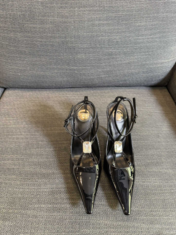 HIGH SANDAL ATTACHED GEM IN BLACK GLOSSY CALFSKIN