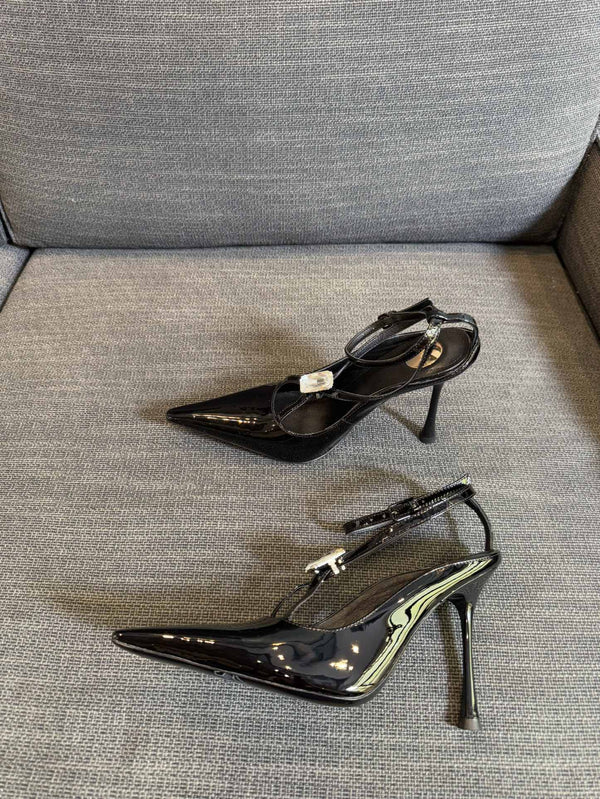 HIGH SANDAL ATTACHED GEM IN BLACK GLOSSY CALFSKIN