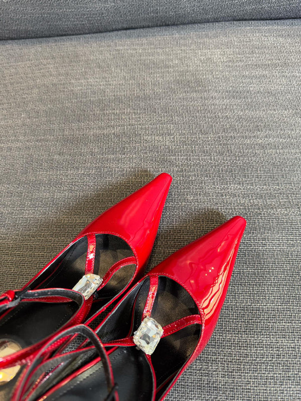 HIGH SANDAL ATTACHED GEM IN RED GLOSSY CALFSKIN