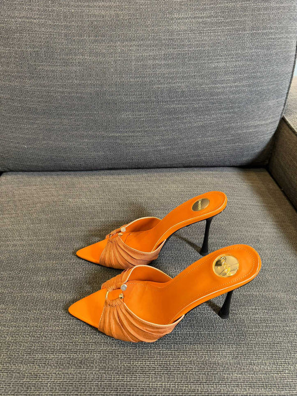 LOLA HIGH MULES IN TANGELO ORANGE SMOOTH LAMBSKIN AND DRAPED JERSEY
