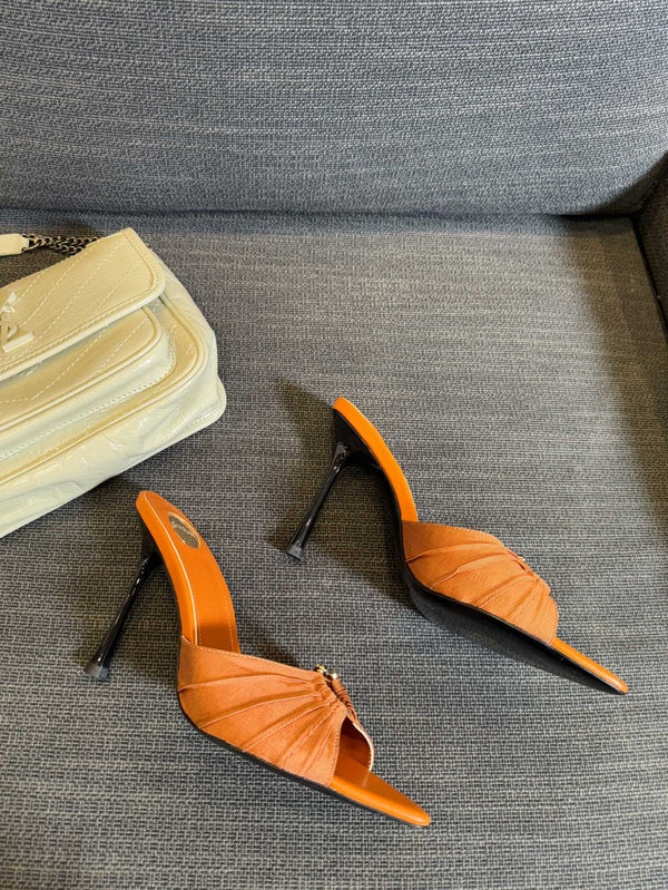 LOLA HIGH MULES IN TANGELO ORANGE SMOOTH LAMBSKIN AND DRAPED JERSEY