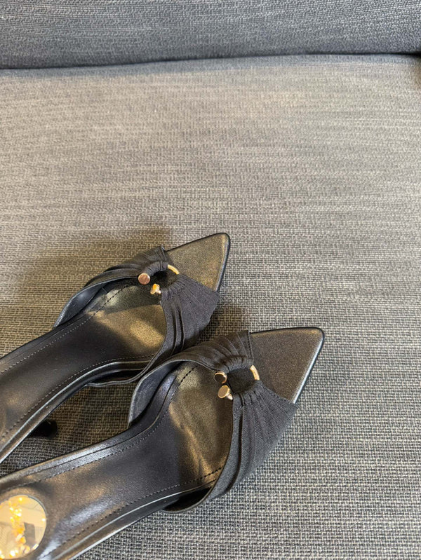 LOLA HIGH MULES IN BLACK SMOOTH LAMBSKIN AND DRAPED JERSEY