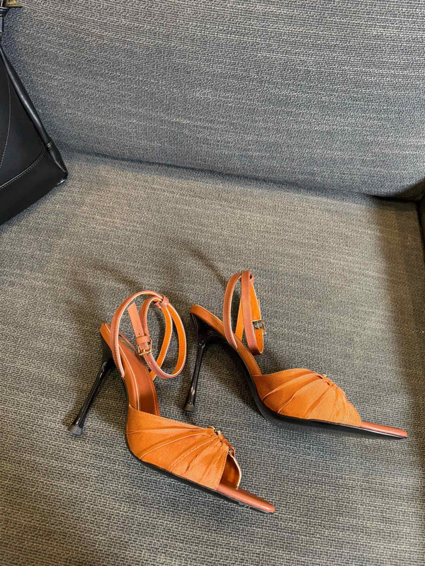 LOLA HIGH SANDALS IN TANGELO ORANGE SMOOTH LAMBSKIN AND DRAPED JERSEY