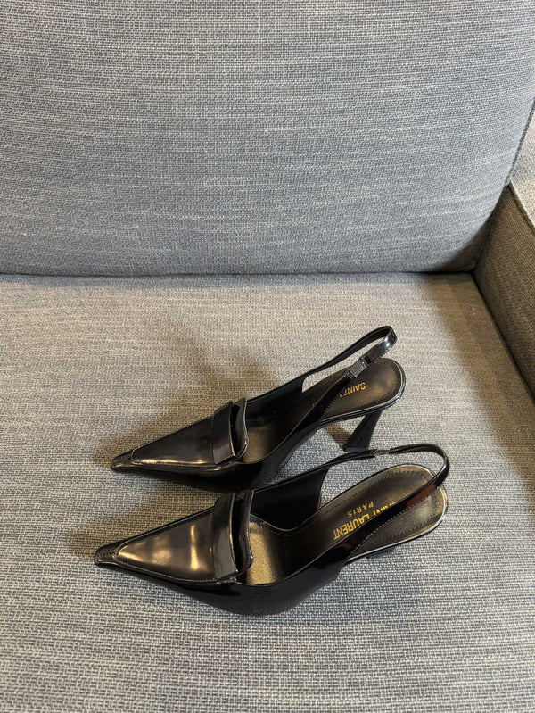POINTED-TOE SLINGBACK PUMPS IN BLACK SHINY CALFSKIN