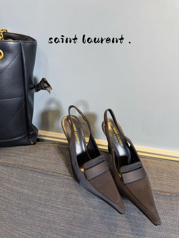 POINTED-TOE SLINGBACK PUMPS IN BLACK SILK