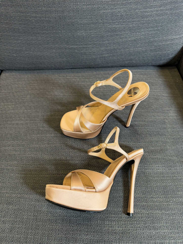 DEBBIE PLATFORM SANDALS IN BEIGE SATIN