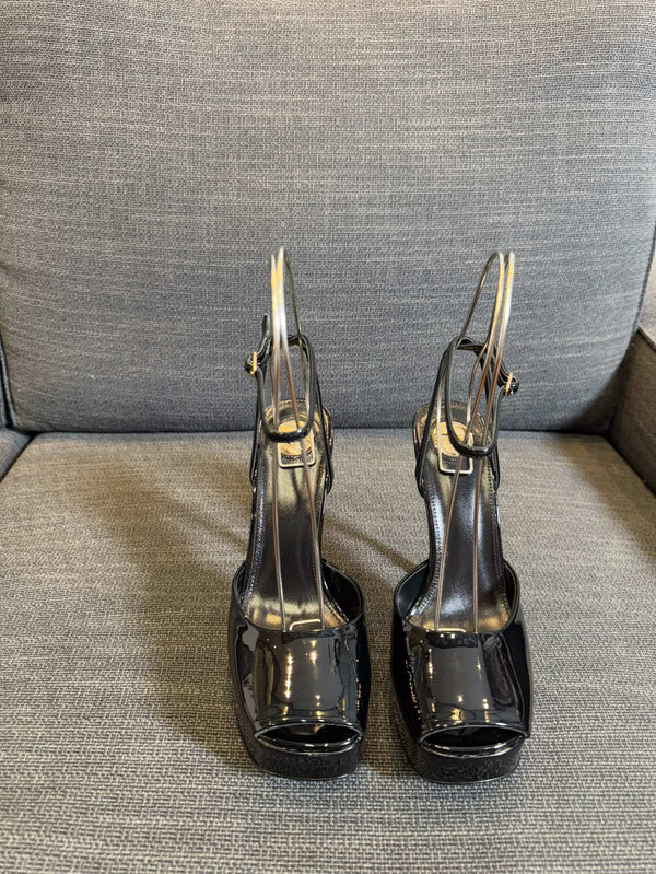 LA SCANDALE PLATFORM SANDALS IN BLACK GLOSSY CALFSKIN