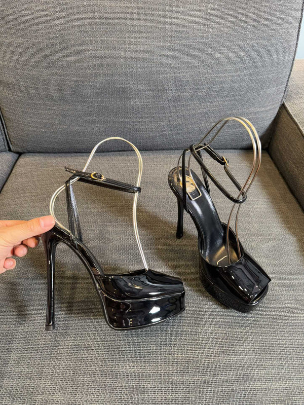 LA SCANDALE PLATFORM SANDALS IN BLACK GLOSSY CALFSKIN