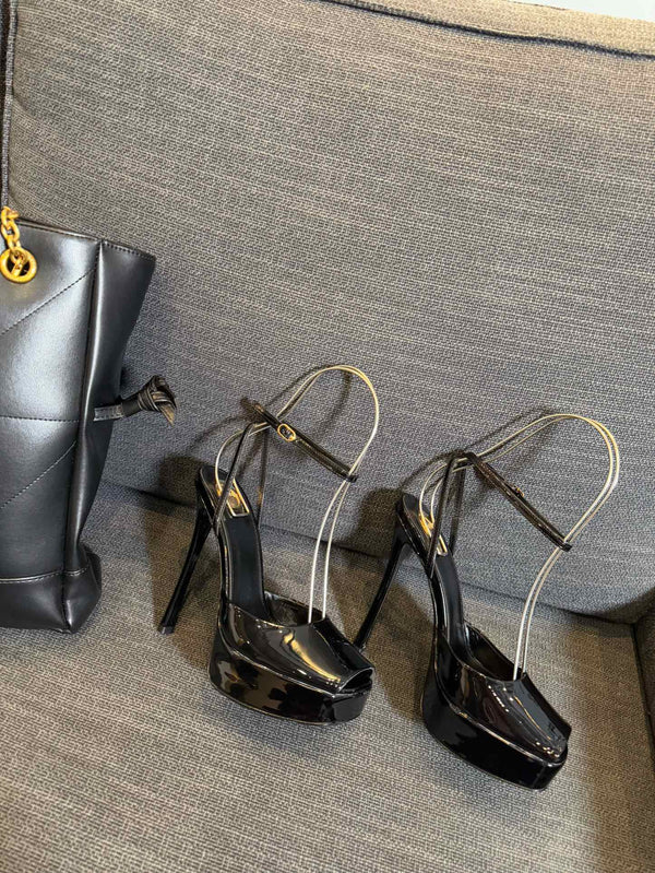 LA SCANDALE PLATFORM SANDALS IN BLACK GLOSSY CALFSKIN