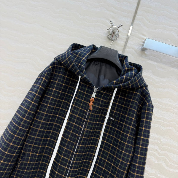 Miu 26s Hoodie Jacket Navy Check Wool Polyester 438926
