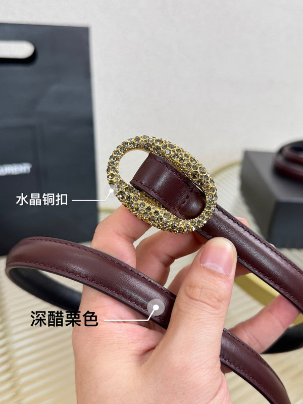 YSL 1.5 Gold Oval Buckle Belt Burgundy Leather