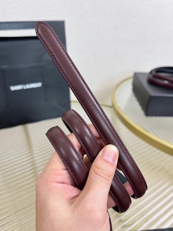 YSL 1.5 Sliver Oval Buckle Belt Burgundy Leather 200482