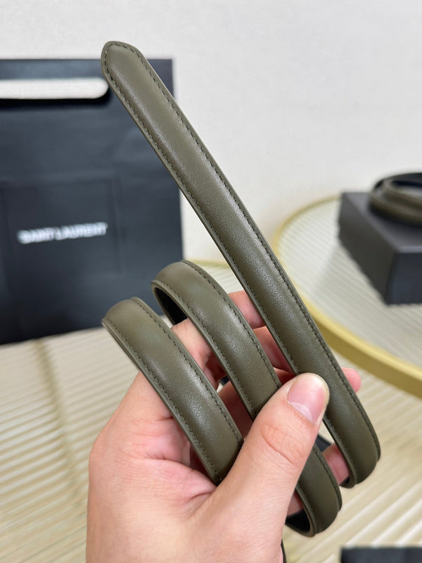 YSL 1.5 Gold Oval Buckle Belt Olive Green Leather 200479