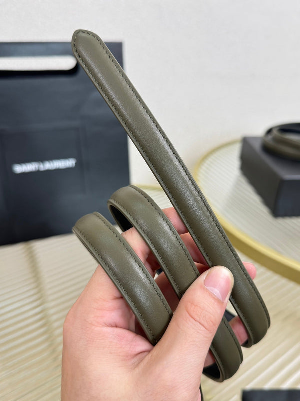 YSL 1.5 Sliver Oval Buckle Belt Olive Green Leather 200478