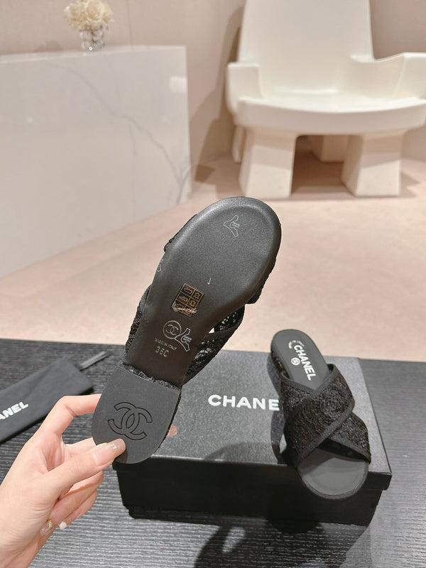 mule sandal cross black lace fabric