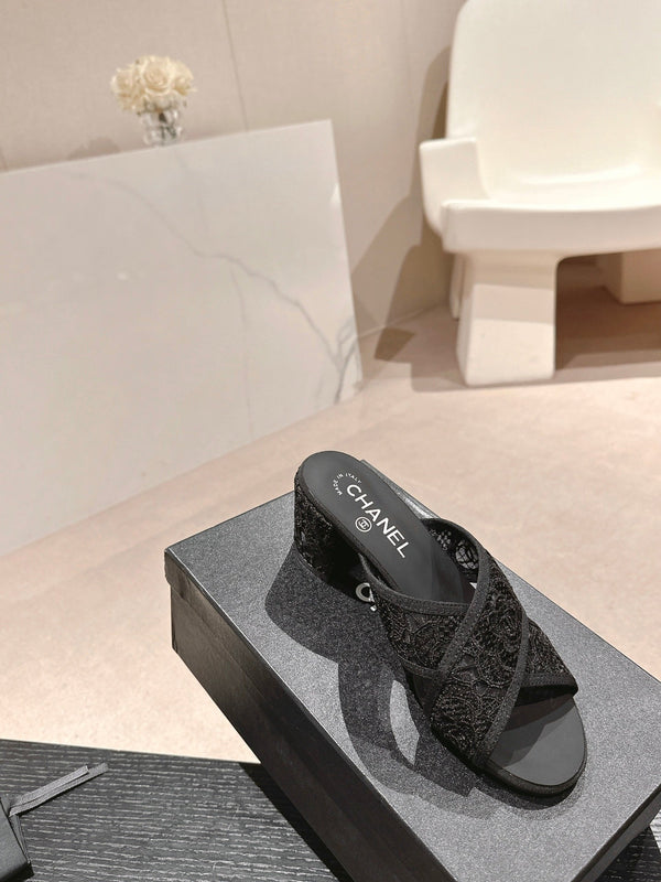 sandalo mulo 60 incrociato tessuto pizzo nero