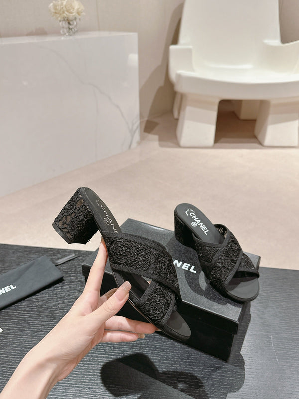 sandalo mulo 60 incrociato tessuto pizzo nero