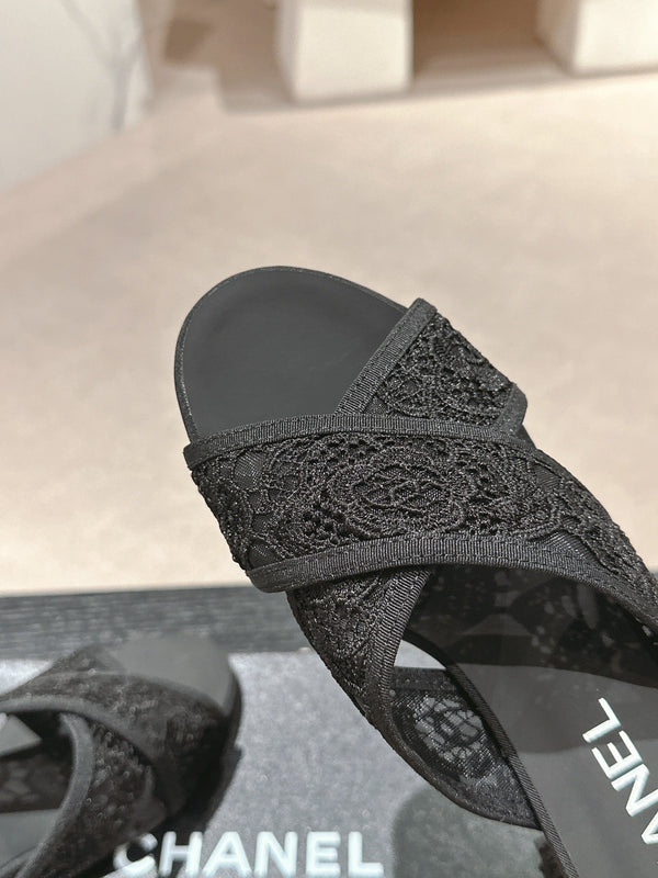 sandalo mulo 60 incrociato tessuto pizzo nero