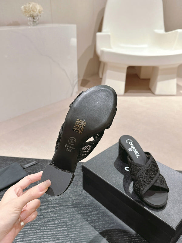 sandalo mulo 60 incrociato tessuto pizzo nero