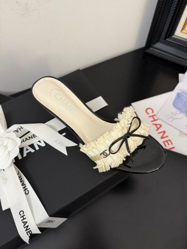 cc25 slide sandal 65mm ruffle bow heels black grosgrain white canvas 233582