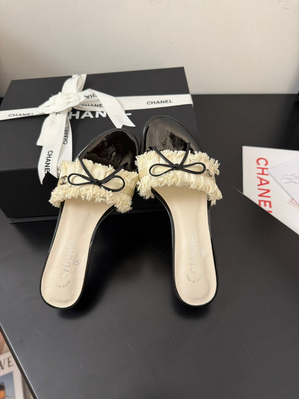 cc25 slide sandal 65mm ruffle bow heels black grosgrain white canvas 233582