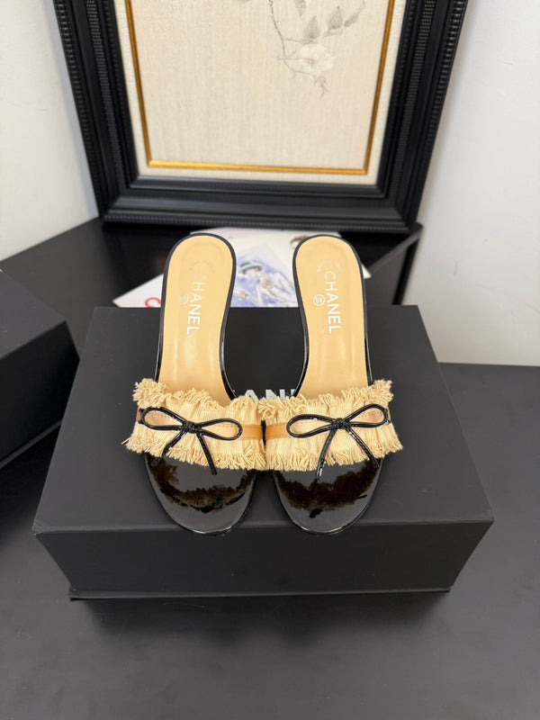 cc25 slide sandal 90mm ruffle bow heels black grosgrain gold canvas 233586