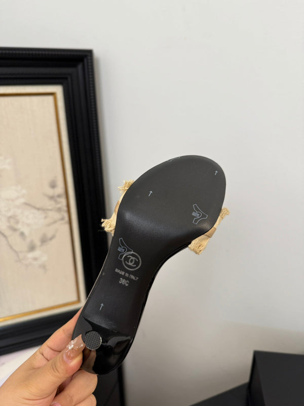 cc25 slide sandal 90mm ruffle bow heels black grosgrain gold canvas 233586