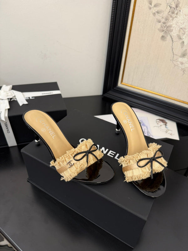 cc25 slide sandal 90mm ruffle bow heels black grosgrain gold canvas 233586