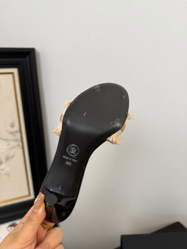 cc25 slide sandal 90mm ruffle bow heels black grosgrain beige canvas 233587