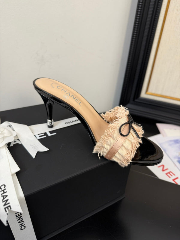 cc25 slide sandal 90mm ruffle bow heels black grosgrain beige canvas 233587