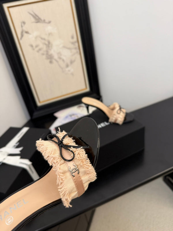 cc25 slide sandal 90mm ruffle bow heels black grosgrain beige canvas 233587